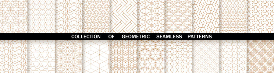 Geometric set of seamless gold and white patterns. Simpless vector graphics