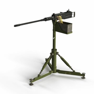 3D render of a realistic green machine gun mounted on a stand against a white background