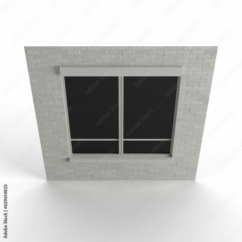 Poster 3d render of a gray brick building tile with a window isolated on the white background
