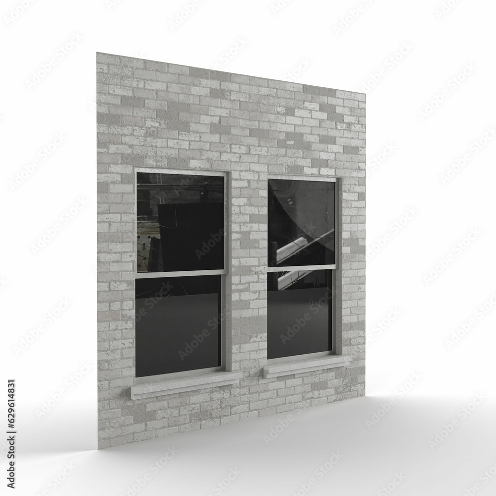 Poster 3d render of a gray brick building tile with a window isolated on the white background