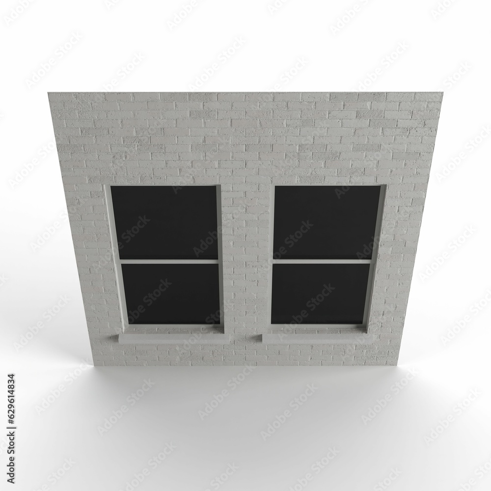 Poster 3d render of a gray brick building tile with a window isolated on the white background