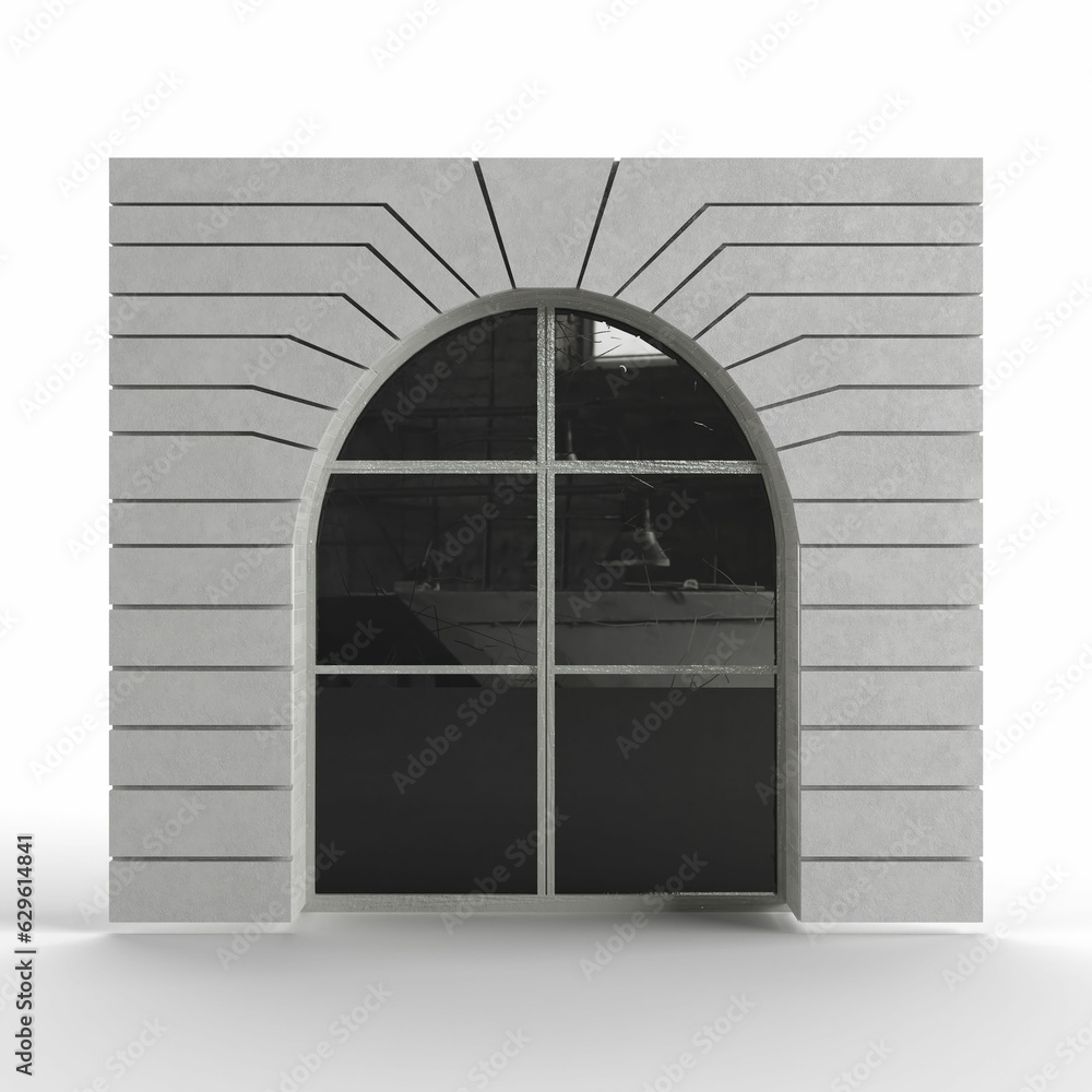 Poster 3d render of a gray brick building tile with a window isolated on the white background