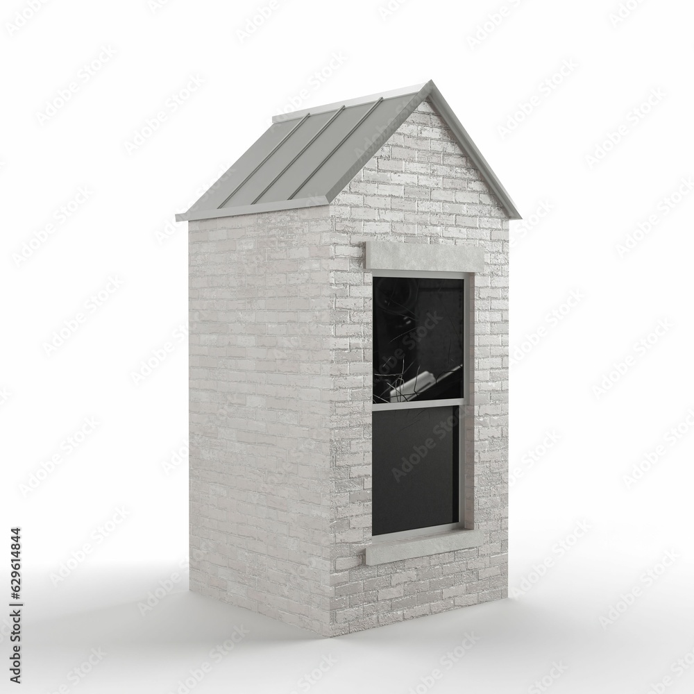Poster 3d render of a gray brick building with a window isolated on the white background