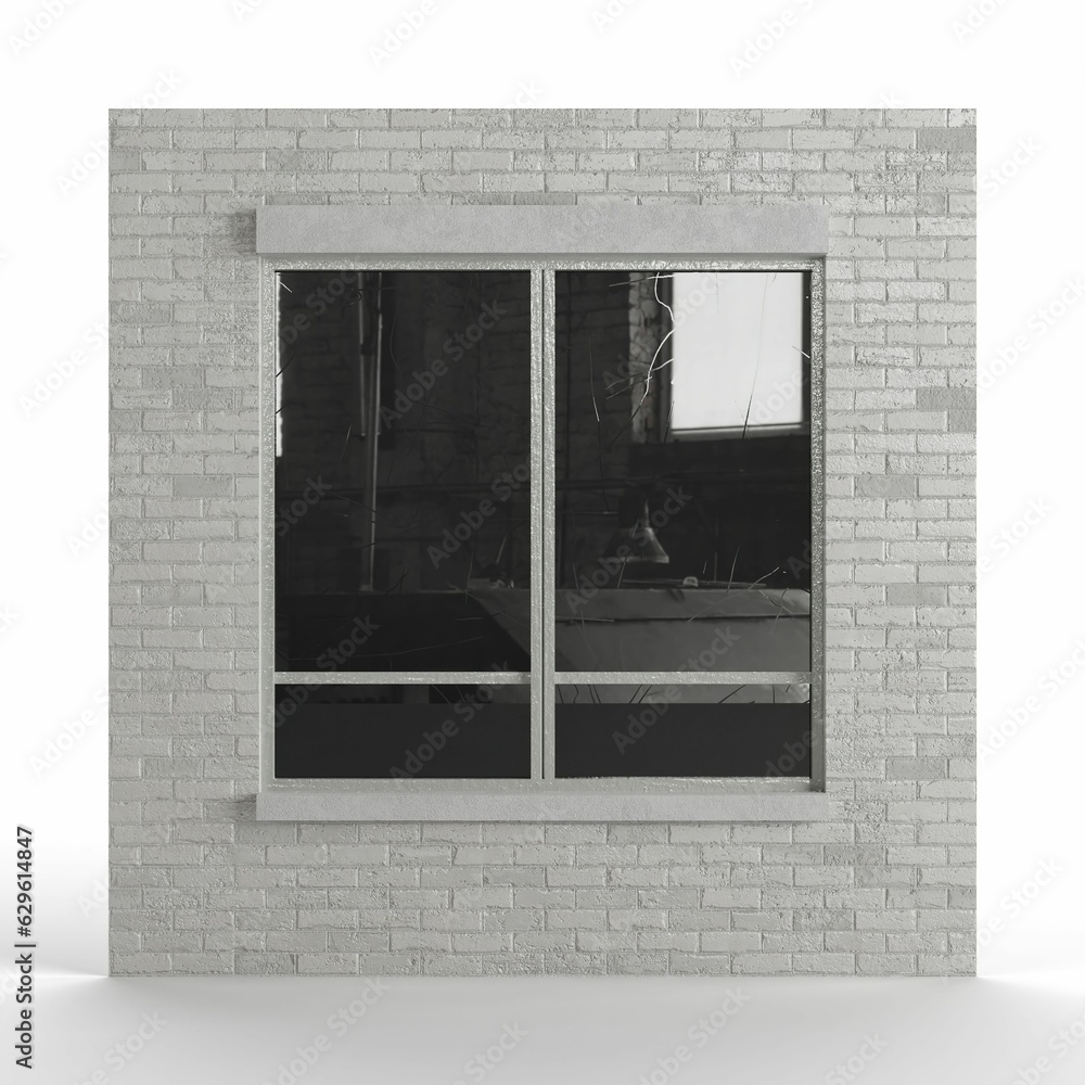 Poster 3d render of a gray brick building tile with a window isolated on the white background