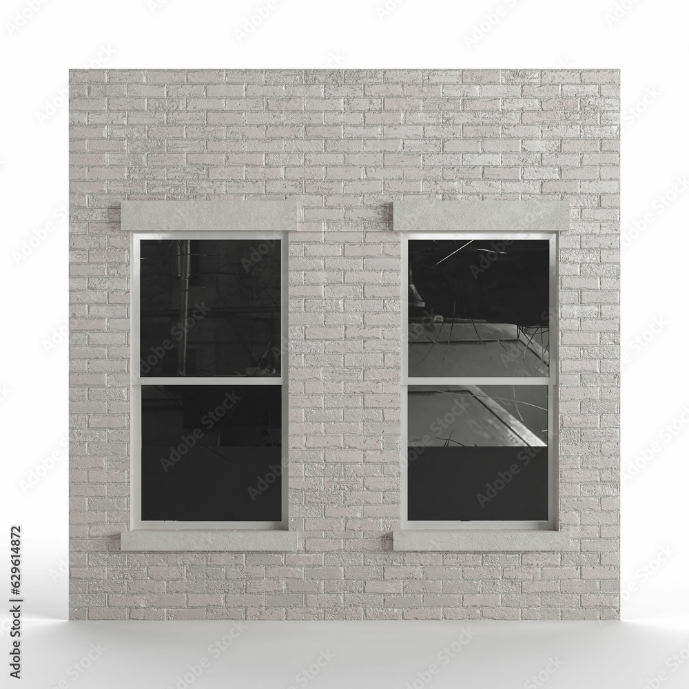 Poster 3d render of a gray brick building tile with a window isolated on the white background