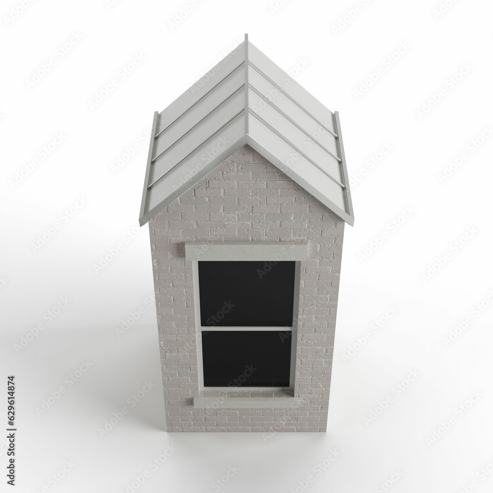 Poster rendered image of a gray brick building with a single window isolated on a white background