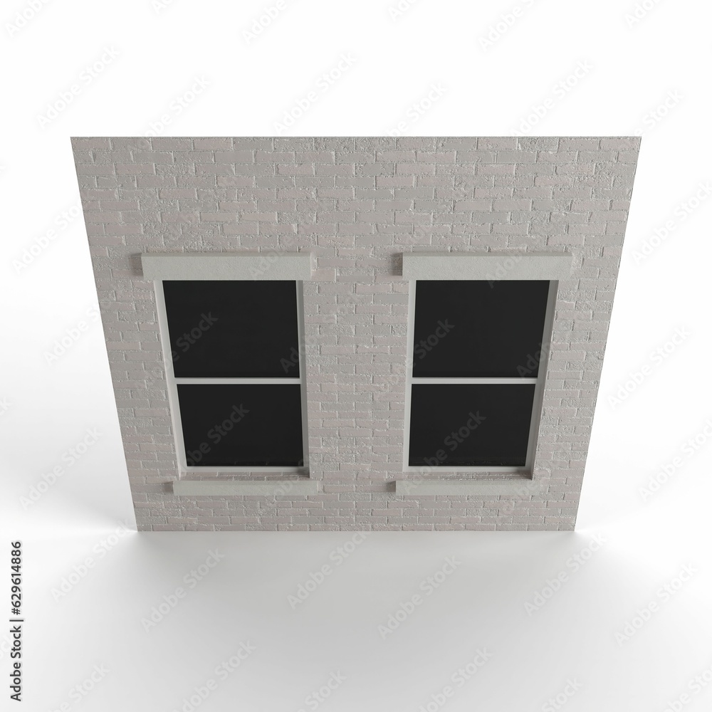 Poster 3d render of a gray brick building tile with a window isolated on the white background