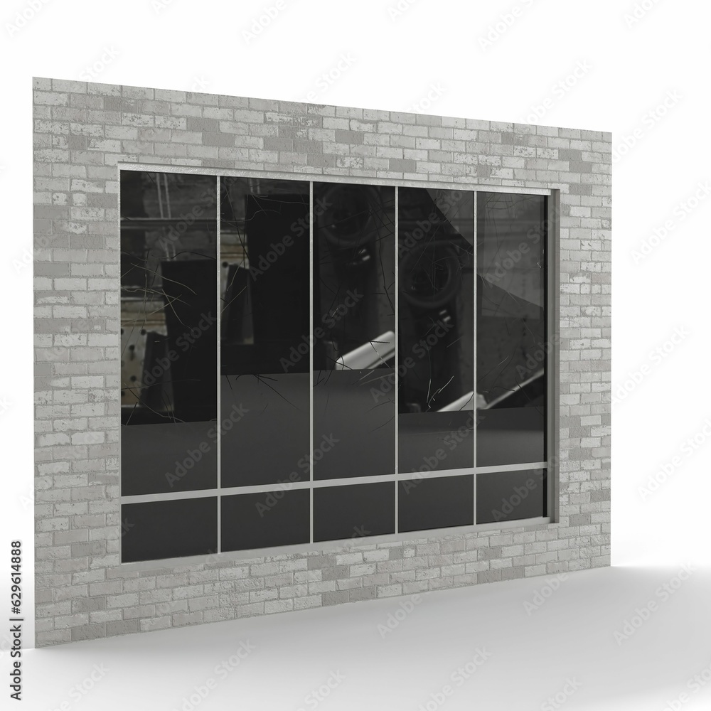 Poster 3d render of a gray brick building tile with a window isolated on the white background
