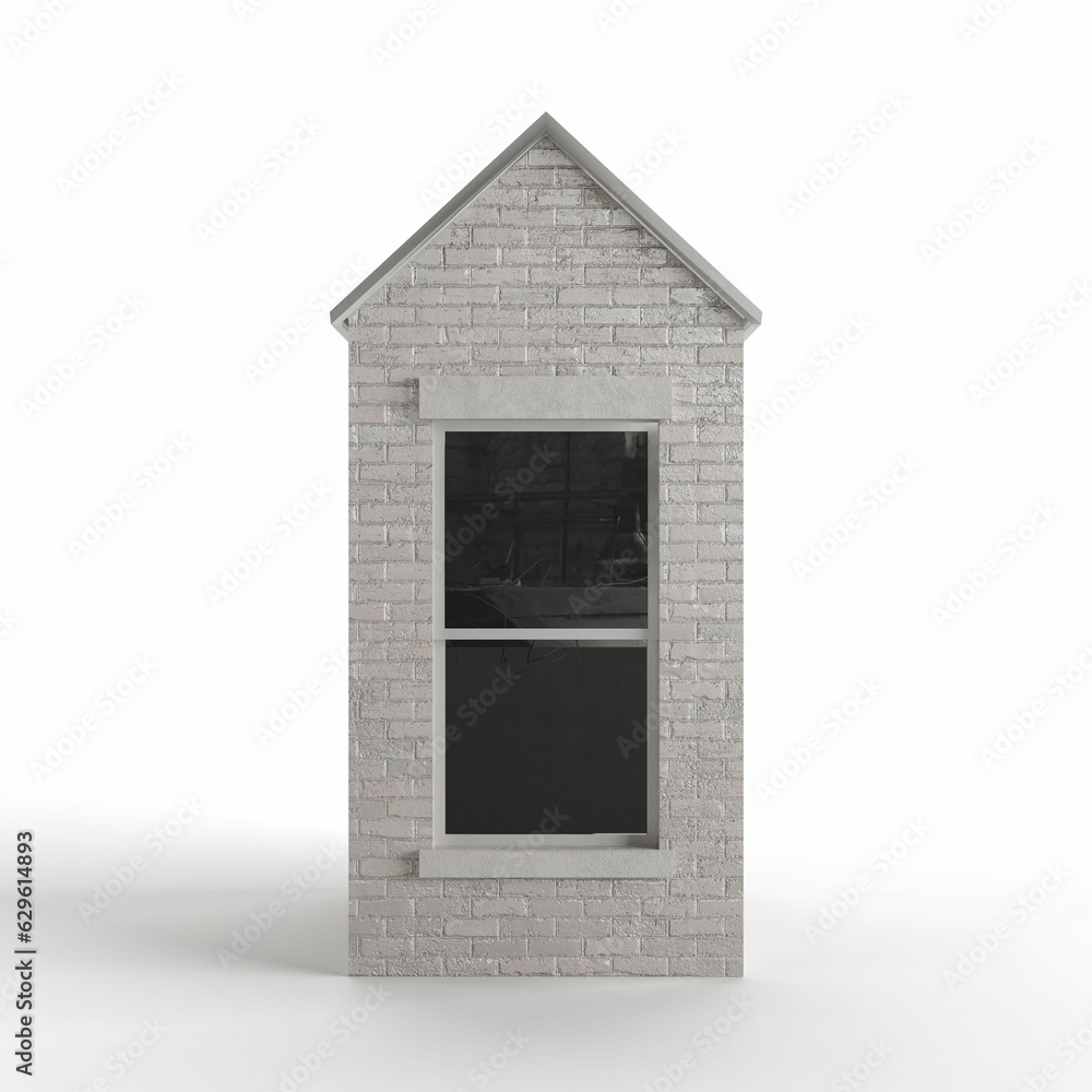 Poster 3d render of a gray brick building tile with a window isolated on the white background