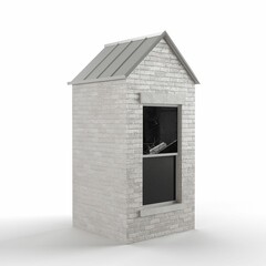 3D render of a gray brick building with a window isolated on the white background