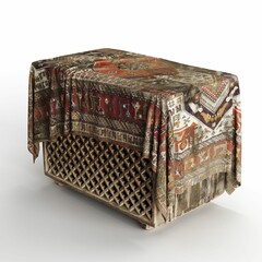 Side view of a 3D rendered wooden storage box with a traditional carpet on top