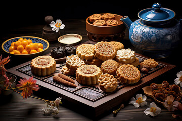 Mid-Autumn Festival mooncakes. AI technology generated image