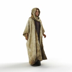 3D render of a female wearing an earth-toned headscarf and robe, against a white background