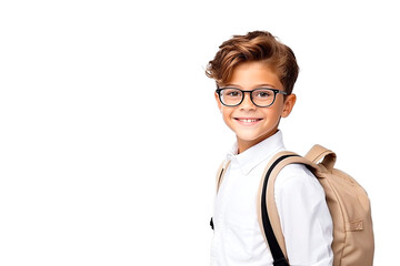 Portrait smiling boy with backpack on white - obrazy, fototapety, plakaty