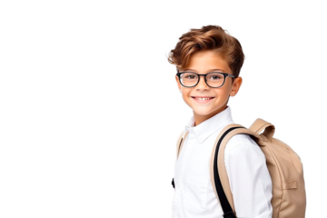 Portrait smiling boy with backpack on white