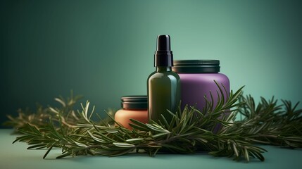 Close-up of beauty products and fresh rosemary, made with generative AI