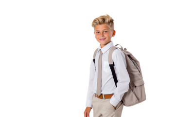 Portrait fullbody of smart schoolboy with backpack smiling on white