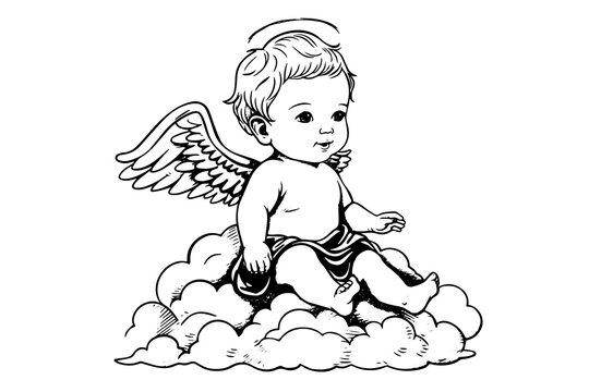 recommend clip art: Hand drawn engraving sketch of cute little angel sits on a cloud. Vector illustration.