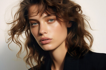 Naklejka premium Portrait of a fashion model with green eyes wearing black blazer. 
