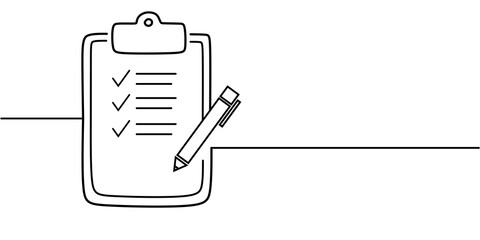 Clipboard with checklist. Continuous line one drawing. Vector illustration. Simple line illustration. Transparent background.	
