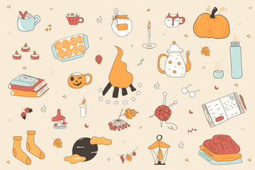 Autumn set of cute and cozy design elements. Collection of autumn elements.