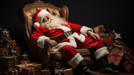 Santa Claus taking a nap. Santa Claus sleeping on sofa surrounded by gifts. Generative AI