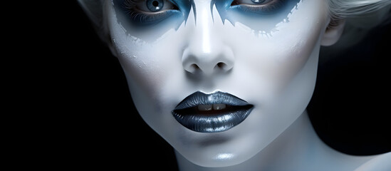 woman with blue azure black and white carnival artistic paint lips and eyes skin makeup