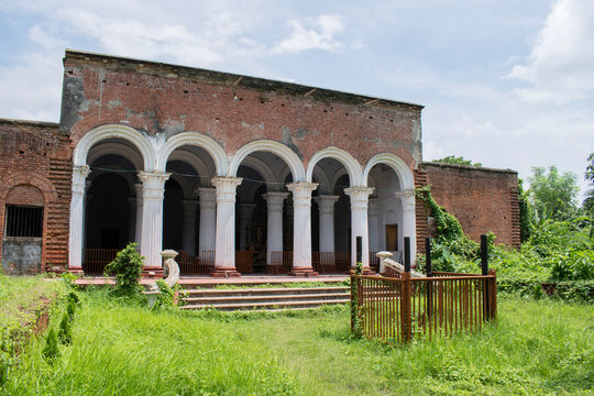 ancient Building part of eastern palace used for praying hindu goddess "durga" of colonial era landlords at taki, west bengal, india