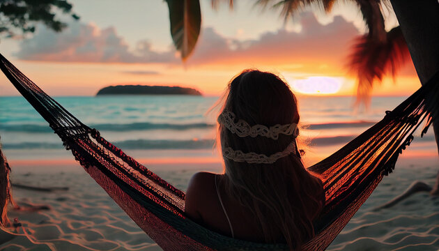 Back view of a young woman in a hammock on a tropical sandy beach during the sunset. High quality photo, Ai generated image