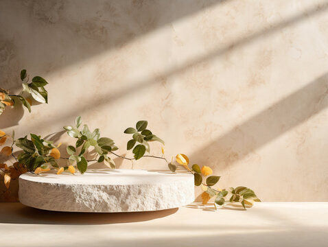 podium pedestal for display product natural white stone with leaf and shadow and beige wall