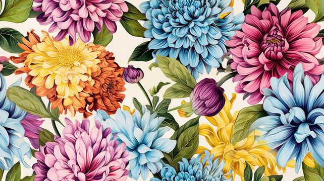 Fototapeta AI Generative. beautiful fantasy vintage wallpaper botanical flower bunch,vintage motif for floral print digital background.