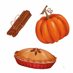 pumpkin pie autumn isolated sticker. set of cake, pumpkin and cinnamon. cute fall sketch for season menu