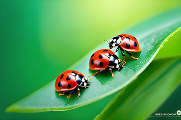 Fototapeta premium Ladybugs on Leaves. Generative Ai