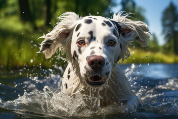 Energetic Canine Splash: Dalmatian Dog Running through Water in Black and White. Generative AI.