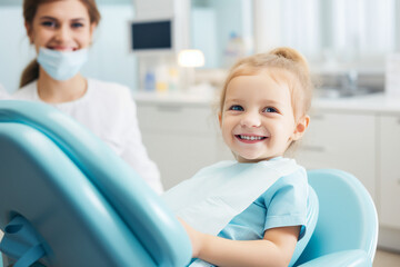 Generative AI closeup portrait of Dentist examining little boy girl child teeth in clinic healthcare concept
