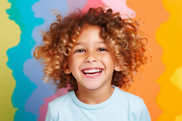 Generative AI closeup portrait of cute little small age curly hairstyle kindergarten boy happily...
