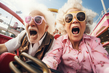Generative AI portrait of aged old Caucasian couple man and woman show expressions while extreme roller coaster ride making selfies - obrazy, fototapety, plakaty