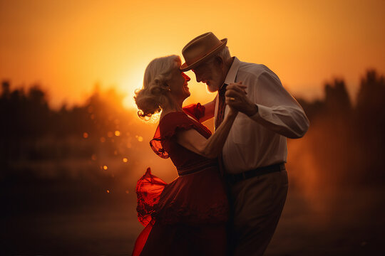 Generative AI portrait of elderly happy couple spend time together dancing outdoors sunset evening beautiful day