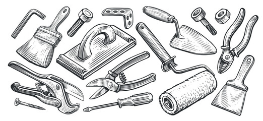 Set of tools. Construction or repair supplies. Housework concept. Sketch vector illustration