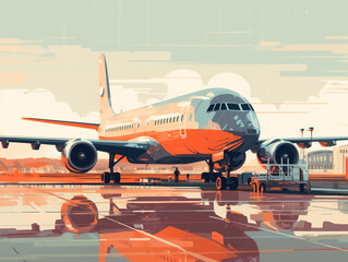 Illustration of a medium-sized commercial aircraft at an airport. In a static state and waiting for passengers.