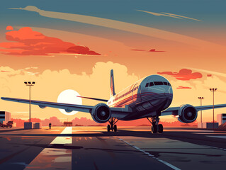 Illustration of a medium-sized commercial aircraft at an airport. In a static state and waiting for passengers.