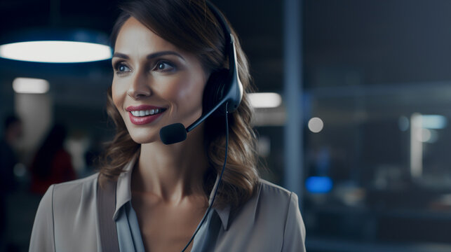 A young woman, a call center worker with headphones, serves customers. Night operator.