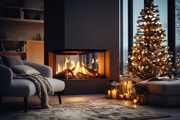 Christmas decorated evening cozy room  design ,kamin and candle blurred light near sofa on front windows view on city