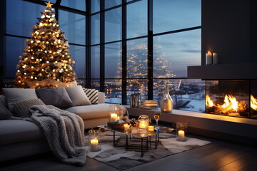 Christmas decorated evening cozy room  design ,kamin and candle blurred light near sofa on front windows view on city