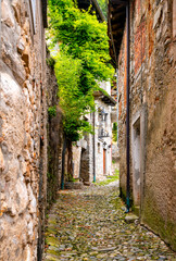Narrow passage in old artist village Acrumeggia in Lombardy, Italy. Typical residential buildings in shabby and weathered condition with grungy colorful brick facades, idyllic atmosphere and plants.