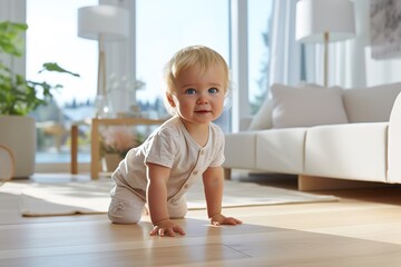 cute blond blue-eyed baby in white clothes crawls on the floor in a bright modern living room interior