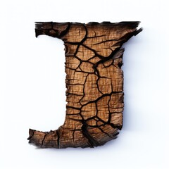 letter J made of old oak, burnt oak, many cracks, white background