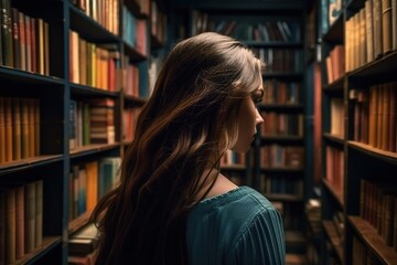 young woman with long hair in the library among the bookcases view from the back