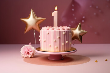 Birthday cake on a 1 years decorated with topper number one and stars on a pink background. Generative AI