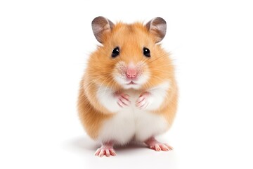 Little cute isolated small hamster sitting on white background. Closeup shot - obrazy, fototapety, plakaty